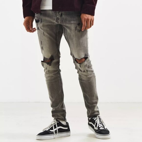 NWT One Teaspoon Men's 32 Mr Bones Steele Gray Distressed Rip Knee Skinny Jeans - Picture 1 of 7